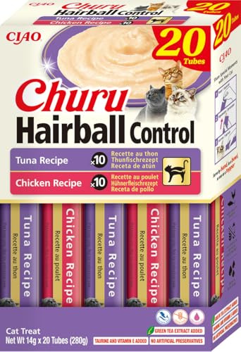 INABA Churu Hairball Control, Katzen Leckerlies, Huhn und Thunfisch, 20x14g | Anti Hairball, Katzenleckerlis ohne Getreide und Zucker, Hochwertige Zutaten, 2-in-1-Leckerlis Anti Haarballen & Belohnung