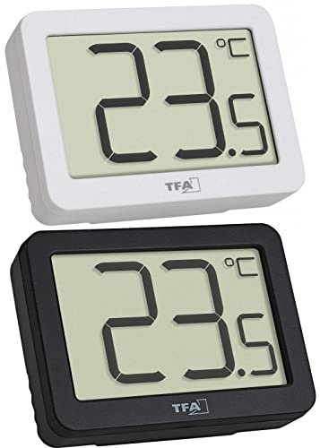TFA Dostmann Innenthermometer digital, 30.1065, Raumtemperatur überwachen, Mini Thermometer, Max-Min-Werte, -10...+60°C, magnetisch oder Ständer (schwarz+weiß, (L) 55 x (B) 15 (28) x (H) 40 mm)