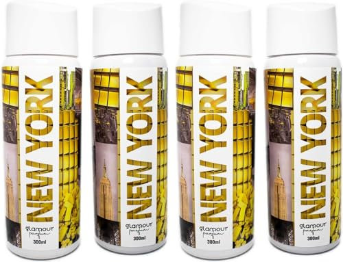 GLAMOUR PARFUM - Pack de 4 Recambios de Ambientador de Hogar New York - 300 ml - Aroma Dulce y Fresco - Fragancia de Larga Duración - Ambientador Textil - para Pulverizar en la Cama o en Cortinas