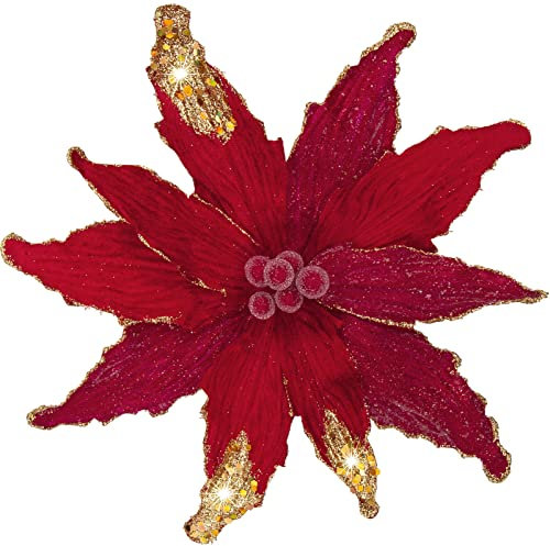 Briful 4 PCS 12 Glitter Poinsettia Red Artificial Flowers Stem for Christmas Tree Decorations Fake Poinsettia Flowers Large Artificial Christmas Flowers Arrangements for Xmas Decorations