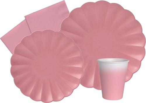Ciao- Kit Table Fête Party Flower Shape pers (112 pcs: Assiettes, gobelets, Serviettes) en Papier compostable, Old Vaisselle Papel eco-Friendly, Uni, AZ109, Rose Vieux, 24 Personnes