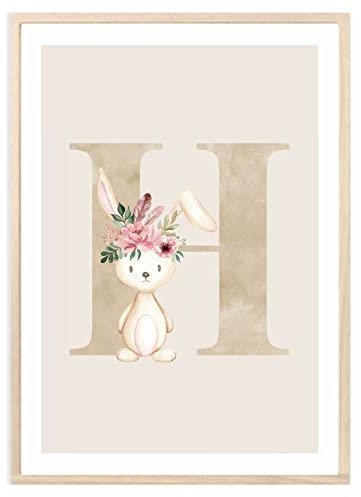 MeinBaby123® Buchstaben Poster DIN A4 Kinderzimmer Mädchen und Junge | Babyzimmer Deko | Bilder Kinderzimmer | Geschenkideen zur Geburt | Geburtsposter | Anfangsbuchstabe Poster H (Hase - H)