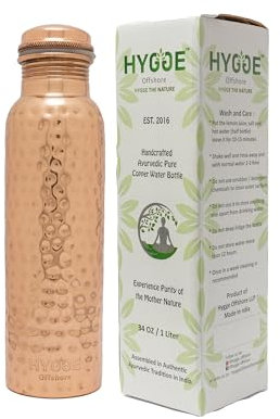 HYGGE - Borraccia in puro rame da 1 l, a prova di perdite, design martellato, ideale per yoga, palestra, fitness e attività all'aperto, benefici naturali per il benessere