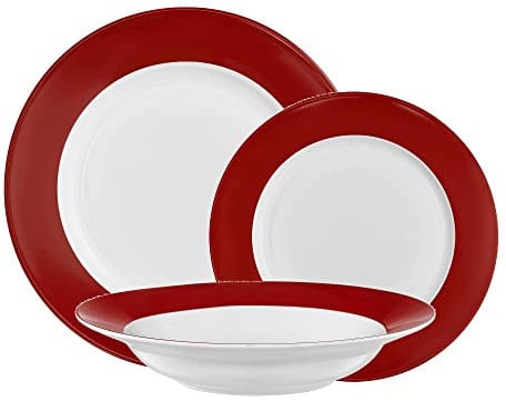 AMBITION Tafelservice rot weiß Aura Red Geschirrset für 6 Personen 18-teilig Porzellan Teller Spülmaschine & Mikrowelle rund