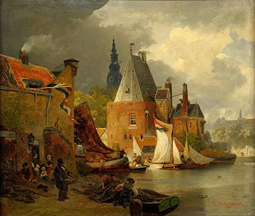 ZIMARO Leinwand Bilder Kunstdrucke Abstrakt Poster Berühmtes Gemälde Andreas Achenbach Deutscher Maler und Grafiker Amsterdamer Hafenszene für Wohnzimmer 60x90cm