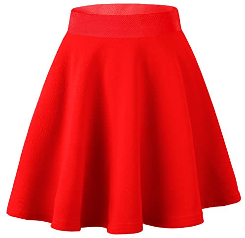 Dressever Damen Basic Vielseitige Dehnbaren Informell Casual Mini Hohe Taille A-Linie Tennisrock Tanzrock Rot Large