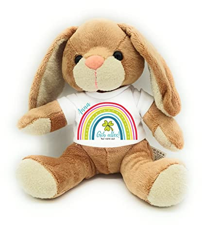 Gute Besserung Kuscheltier Hase mit Namen personalisiert Stofftier, Plüschtier Krankenbesuch (Regenbogen Spruch: Gib Alles)