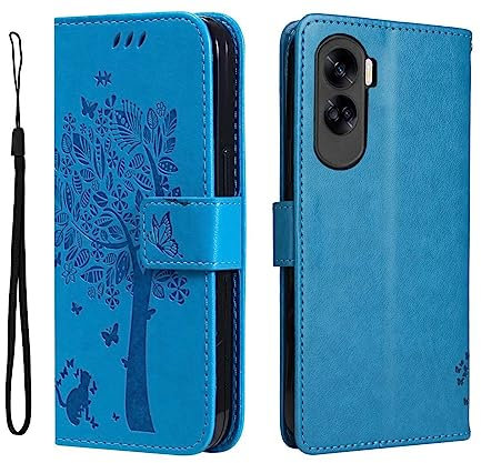 GOKEN Coque pour Honor 90 Lite, Housse Flip TPU/PU Portefeuille Cuir Portefeuille Étui avec Carte Fente/Stand Fonction, Embossée Motif Magnétique Case Cover, Bleu