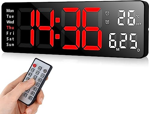 Fuloon Horloge Murale Numérique LED avec Télécommande Positif Compte à Rebours Luminosité Réglable Pendules Murales pour Salon Cuisine Bureau Gymnase (13 Pouces, Rouge)