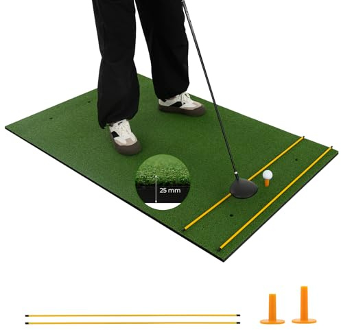GYMAX 5FT x 3FT/4FT Golf Hitting Mat, Artificial Turf Grass Mat with 2 Rubber Tees & 2 Golf Alignment Stick, Indoor Outdoor Golf Stance Mat for Driving & Chipping Practice