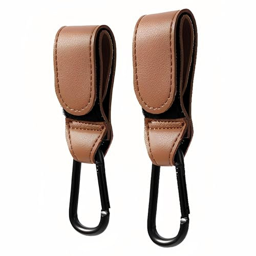 Pack of 2 Baby Universal Buggy Clips Carrier Pram Hooks, Leather Style Straps & Carabiner Clip, Hang Your Shopping Bags, Suits Every Stroller Pram Buggy- Heavy Duty Hook for Parents (Brown)