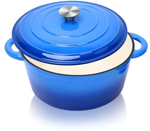 Denmay Cacerola de hierro fundido de 28 cm, con tapa, apta para horno, para cocina, hornear, estofado, olla esmaltada, olla de inducción (azul)
