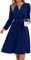Yageshark Kleider für Damen Midikleid Langarm V-Ausschnitt Einfarbige Hemdkleid Elegant Casual Frauen Tunika Kleid (Marine,M)