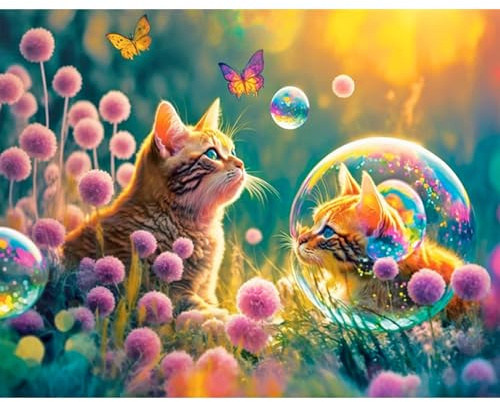TDFERAN/50x40CM Rund Diamond Painting Katze und Löwenzahn, 5D Diamant Painting Bilder Schmetterling Erwachsene mit Zubehör, DIY Kristallhandwerk, Kinderzimmer Wanddekoration für zu Hause