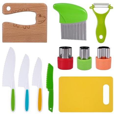 11 Pcs Kids Knife Set for Chopping Knife for Kids Kitchen Knife Set, Kids Cooking Set, Plastic Toddler Kids Safety Knives, with Childrens Knife Set for Chopping Board, Crinkle Cutter, Potato Slicer