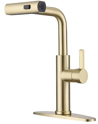 LEXAWOOD Rubinetto da cucina in oro spazzolato con spruzzatore, rubinetto a cascata con maniglia singola in oro satinato con spruzzatore estraibile, adatto per lavelli a 1 foro e 3 fori