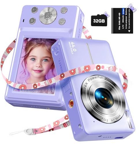 Digital Camera with 32G Card, 1080P Digital Camera Cheap 44MP HD Compact Digital Camera Photo Camera Kids Camera with 2.4 Screen 16X Digital Zoom and 1 Battery for Girls, Boys, Beginner-Purple