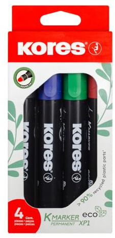 Kores - K-Marker Eco XP1: farbige Permanentmarker, Rund-Spitze mit wasserfester und geruchsarmer Tinte, für alle Oberflächen, 4er Pack, farblich sortiert, je 1 x schwarz, blau, grün und rot