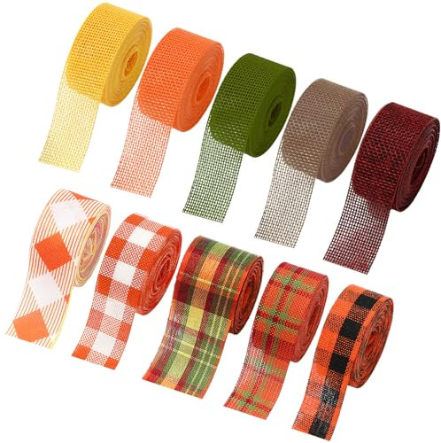 JarThenaAMCS 10 Rollen 45,7 m Herbstkariertes Juteband Rollen 2,5 cm Geschenkband Herbst dekoratives Band für DIY Handwerk Kranz Schleife Herstellung Zubehör Heimdekoration