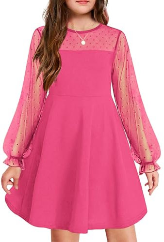 Arshiner Abito per Ragazze Festa Estiva Elegante Abito a Maniche Lunghe Abito da Principessa Abiti in Maglia Bambini al Ginocchio Rosa Caldo 160
