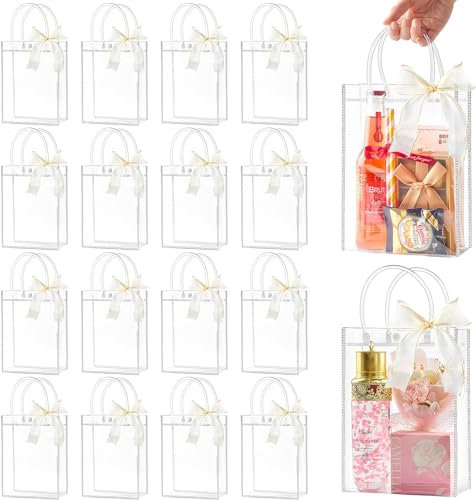 CLUEWR 24 Stück Klare Geschenktüte mit Griffen, 17 x 23 x 7 CM Durchsichtige Geschenktasche, Transparente Geschenk Verpackung für Hochzeit, Party, Boutique