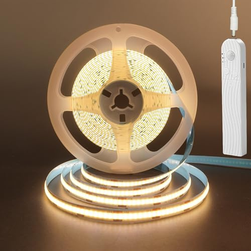 Clearhill 5V Bewegungssensor COB LED-Streifenluchten, Zeitverzögerung und Helligkeit einstellbar,Batterien (nicht enthalten) oder USB, 6,56FT / 2M, Warm Weiß 3000K, 320LEDs / M, für Küchenschrank