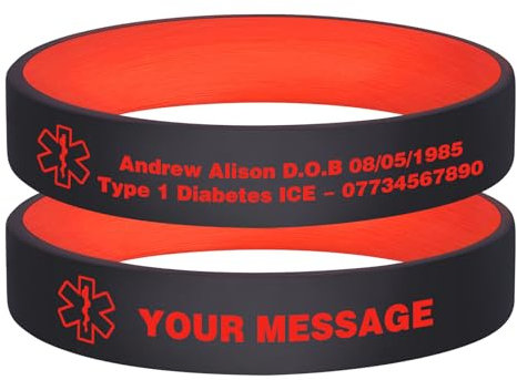 Personalisierte Notfallarmband Medizinisches Alarm Armband - 2 Stück Elastische Silikon SOS ID Armband Gravur mit Name Telefonnummer Allergie Diabetes Epilepsie Notfall Armbänder für Herren Damen