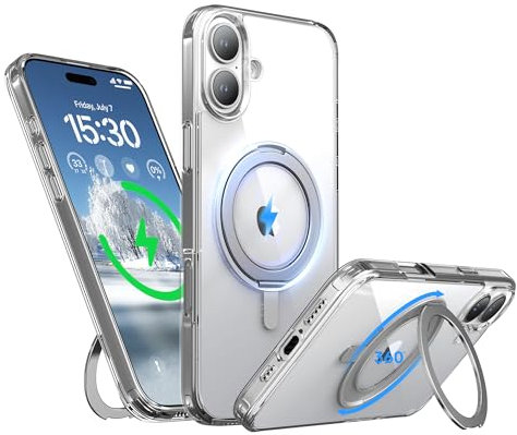 Niunisi Stand for iPhone 16 Case, [Compatible with Mag Safe] 360° Rotatable Ring Holder Kickstand Military Shockproof Protective Case for iPhone 16 6.1 Inch, Clear