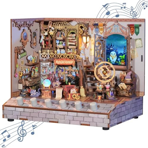 Tonecheer DIY Miniatur Zauberladen Minihaus Modell Kits für Erwachsene zu Bauen, 3D Holzpuzzle Modellbausatz mit Sound-Effekte, Bücherregal Dekoration Weihnachten Geschenke für Frauen Männer