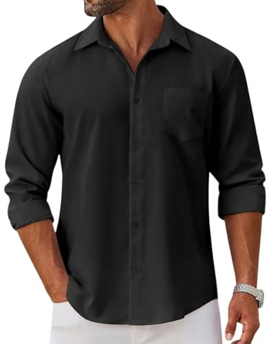 Mens Dress Shirt Long Sleeve Button Down Formal Bussiness Shirts Loose Fit Casual Smart Solid Baggy Shirt with Pocket Stretch Light Office Work Wedding Party Shirts Plain Black 3XL