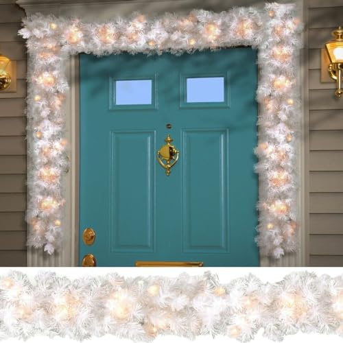 18FT/5.4M Christmas Garland With Lights - 100 LEDs Light Up Decorations Wreath, Artificial 600 Trips for Fireplace, Stair, Front Door, Xmas Tree Decor (White)