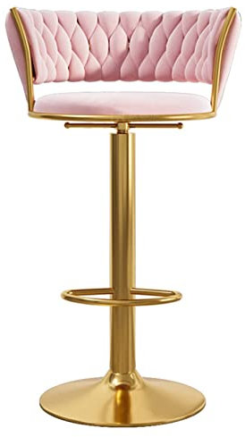 Barhocker aus Samt mit Rückenlehne und Fußstütze, Thekenhöhe, Barhocker für Frühstück, Theke, Rosa, gepolsterte Stühle mit goldenen Beinen (Größe: 45 x 60 cm)