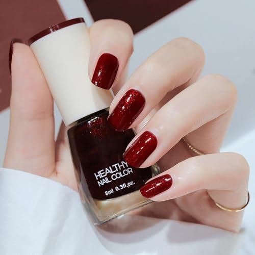 Glitter Nail Polish Cherry Red Glitter Nail Polish Water-Based Wine Red Nail Varnish Long Lasting Glitter Red Nail Polish Breathable Quick Drying Nail Polish for DIY Nail Art Manicure at Home Salon