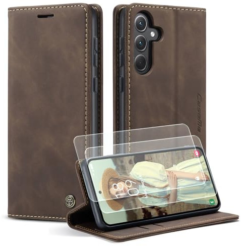 Yihaoyard Handyhülle für Samsung Galaxy A35 5G Hülle Premium Klappbar Lederhülle Flip Case Handytasche Magnet Kartenhalter Standfunktion Klapphülle für Samsung Galaxy A35-2 Schutzfolie (Kaffee)