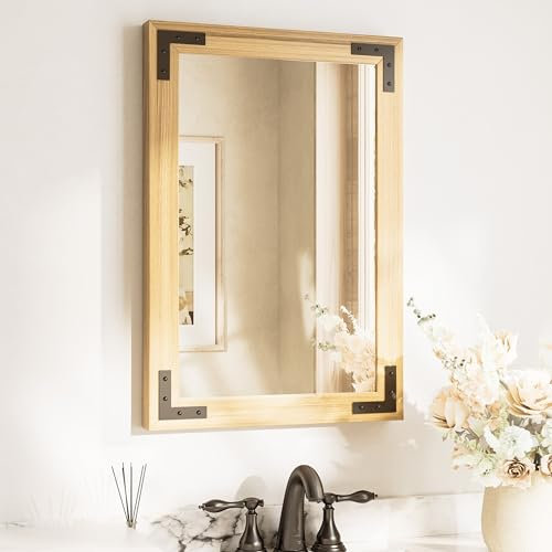 TETOTE Specchio in legno per lavandino del bagno, 45,7 x 66 cm, rustico con cornice in legno naturale, specchio da parete, impermeabile, specchio marrone per soggiorno, camera da letto, ingresso,