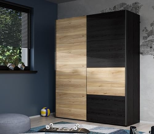 FORTE LYA Kleiderschrank 170, Moderner Kleiderschrank, 2-türig, Kleiderstange, Einlegeböden, Schwebetürenschrank, Holzwerkstoff, Beige/Schwarz, 170,3 cm breit x 210,5 cm hoch x 61,2 cm tief