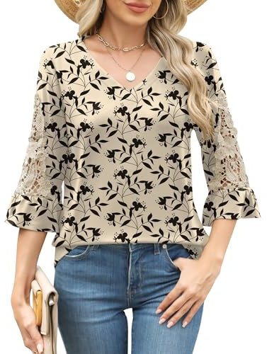 iWoo Blouses Tops for Women UK Ladies V Neck Ruffle Sleeve Shirts 3/4 Length Sleeve Dressy Tunics Top(Apricot Black Floral,XL)