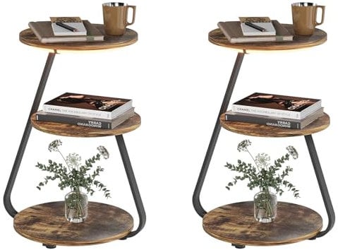 ARTETHYS Side Table Set of 2, Bedside Small Coffee Table with 3 Color LED Lights, End Table with 3 Tier Storage Shelves for Living Room Bedroom, Rustic Brown