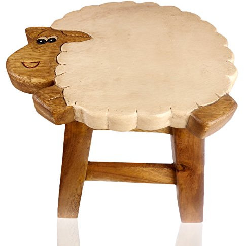 Tokoindah Kinderhocker Holz Massiv - Handgefertigter Kinderstuhl mit eingeschitztem Schaf Motiv, Runder Schemel für Kinder;