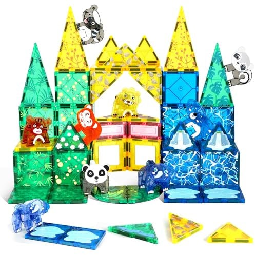 Magnetic Tiles Toys with Safari Animals, 3D Magnetic Building Blocks for Kids Toddlers Ages 3-5 5-7 STEM Educational Toy Magnet Tiles Jungle Animal Set for Boys Girls Classroom Must Haves