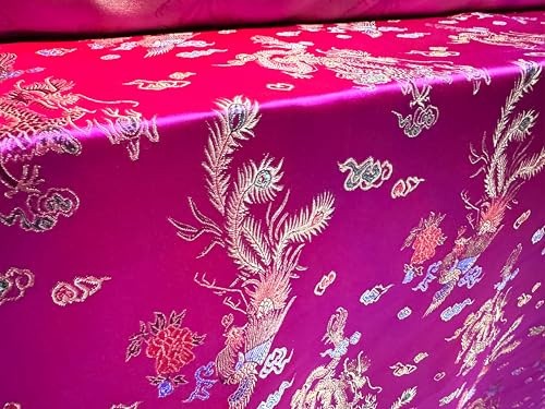 Tissu brocart satiné tissé pour robe, au mètre, motif dragons orientaux, rose cerise et or