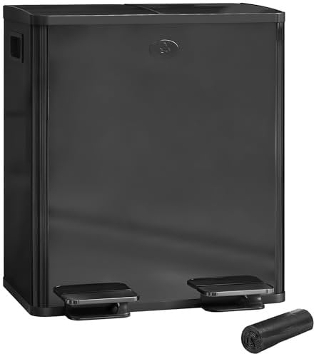 HOMCOM Dual Kitchen Bin, 2 x 20L Stainless Steel Double Rubbish Bin with Soft Close Lid, Removable Inner Buckets, Rubbish Bags, Fingerprint-Proof for Recycling and Waste, Glossy Black