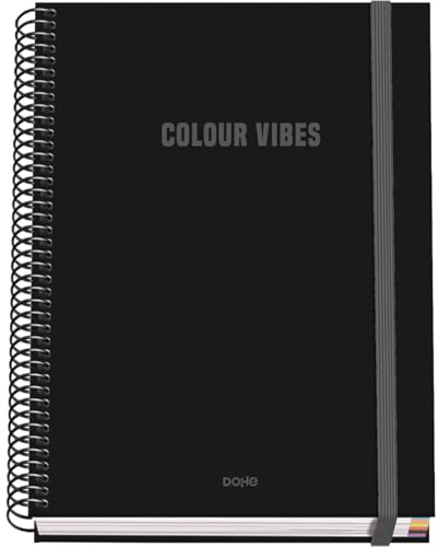 DOHE - Kariertes A5-Heft - 100 Blatt, 90 g/m² Stärke, Größe 16,2x21 cm, Hardcover, Ringverschluss und Gummiband, 5 mm Karos, Schulmaterial - COLOUR VIBES Schwarz