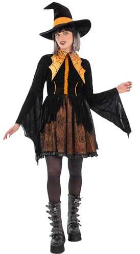 Smiffys Ladies Orange Cosplay Spider Witch Costume with Dress and Hat Women’s Halloween Fancy Dress Outfit Gothic Witch Style