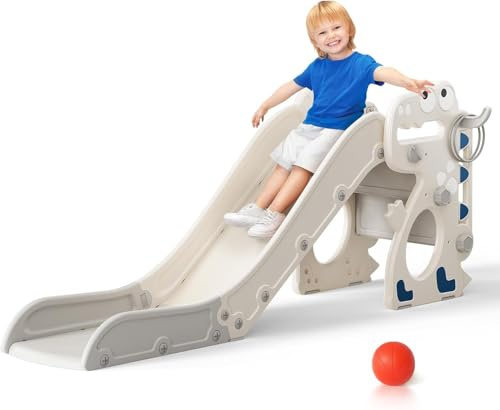 Kinderrutsche, große Kleinkind Rutsche mit Basketballkorb,Klettergerüst für den Garten, Teleskop, Stauraum, für 1-3 Jahre,extra Lange 1700 mm ((Beige))