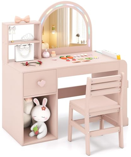 COSTWAY 2 in 1 Schminktisch Kinder mit Beleuchtung & Buntem Spiegel (Rosa) | Frisiertisch Prinzessin mit Bücherregal & Schublade, Kinderschminktisch aus Holz, Kosmetiktisch Set für Mädchen ab 3 Jahren
