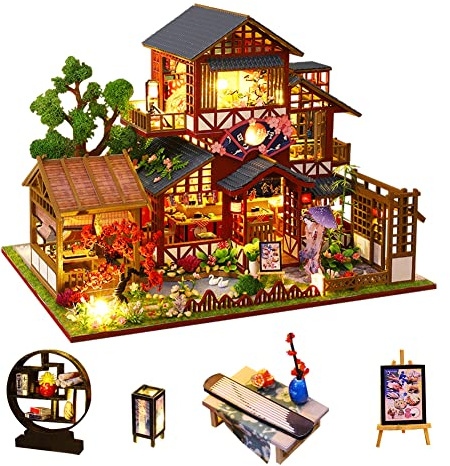 Diymnhaus DIY 3D Japanische Vintage Villa Gebäude Modell Holzpuzzle Miniatur Puppenhaus Kit 1:24 Miniatur Puppenhaus Möbel Kit mit LED Beleuchtung Kreatives Geschenk für Erwachsene und Jugendliche