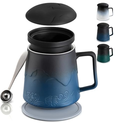 PluieSoleil Tea Infuser Mug with Lid Porcelain Tea Mug Loose Leaf Tea Cup Handmade for Tea Lovers Navy Blue 500ML