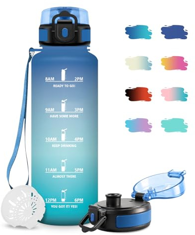 JAPORIA Trinkflasche 1.5L, Sportflasche BPA-frei, Sport Wasserflasche mit Filter, Trinkflasche mit Zeitmarkierung, Wasserflasche für Gym, Fahrrad, Büro, Outdoor, Schule, Yoga