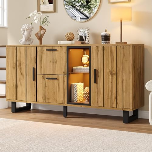Kebnor Beistellschrank,Wohnzimmerschrank mit 2 Schubladen,Schubladenschrank mit LED-Lichtleiste,kommode,Sideboard,160 cm breit,Naturholzfarbe + Schwarz 160 * 40 * 73cm